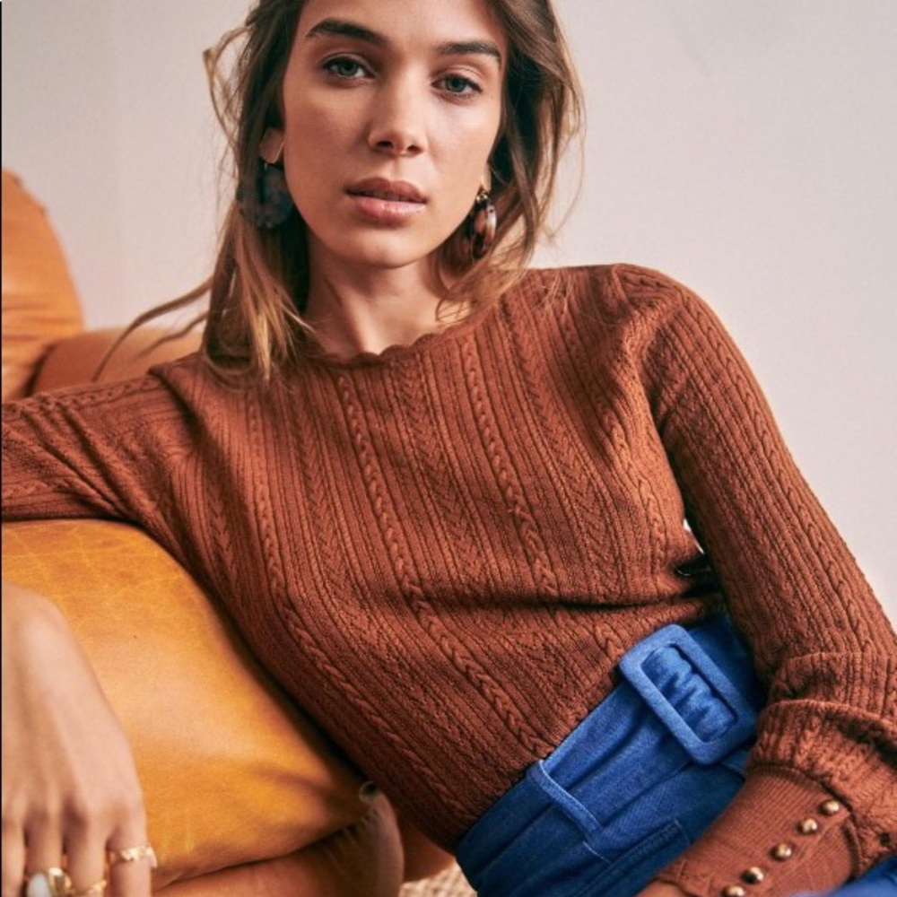 Sezane Ornella Jumper Hazelnut Merino Wool Cable Knit Sweater